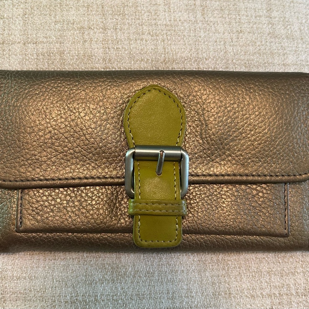Boden Metallic Gold wallet accented with chartreuse Green strap and interior